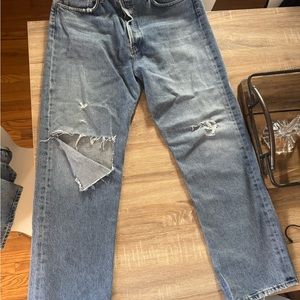 Agolde Blue Straight Leg Jeans with Distressed Detailing